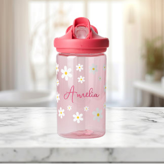 Girls Cute Daisy Pink Personalised Water Bottle