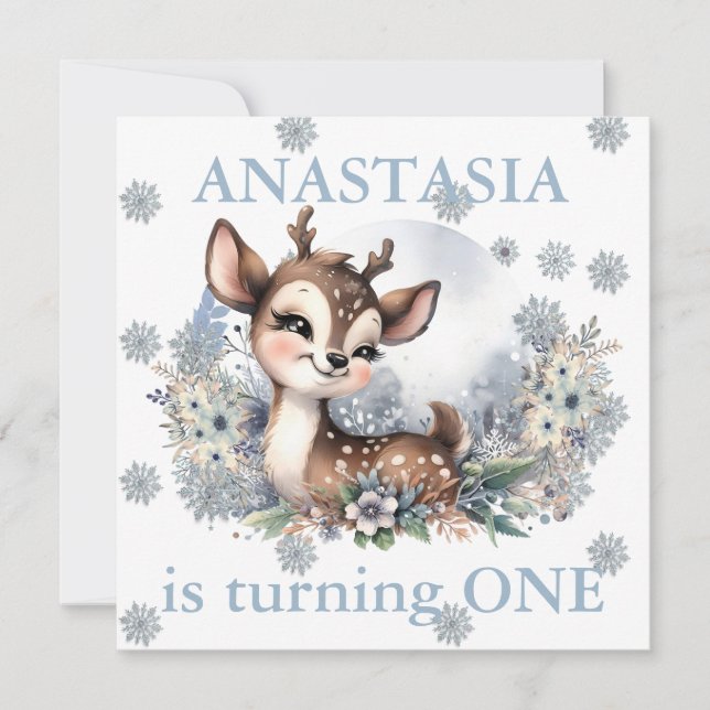 Girls Cute Deer Forest Winter Theme Birthday Blue  Invitation (Front)
