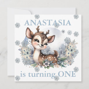Girls Cute Deer Forest Winter Theme Birthday Blue Invitation