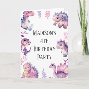 Girls Cute Dinosaur Themed Birthday Invitation