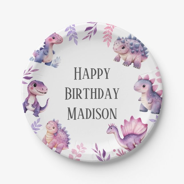 Girls Cute Dinosaur Themed Birthday Party Paper Plate (Front)