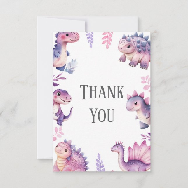 Girls Cute Dinosaur Themed Birthday Party Thank You Card (Front)