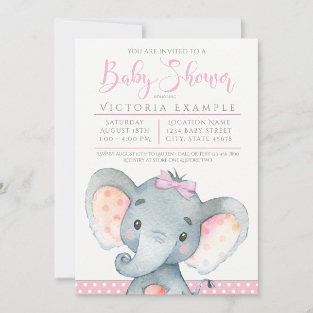 Girls Cute Elephant Baby Shower Invitations (Front)