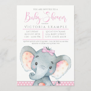 Girls Cute Elephant Baby Shower Invitations