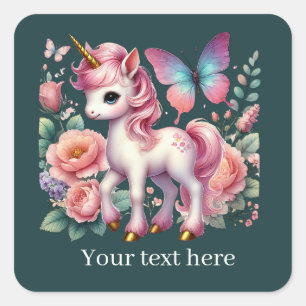 Girls cute fantasy unicorn add text square sticker