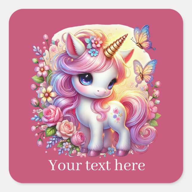 Girls cute fantasy unicorn add text  square sticker (Front)
