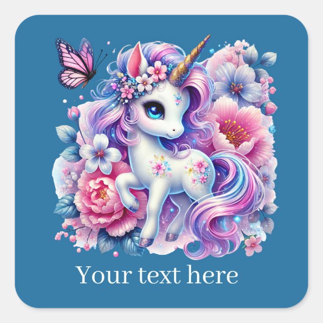 Girls cute fantasy unicorn add text  square sticker (Front)