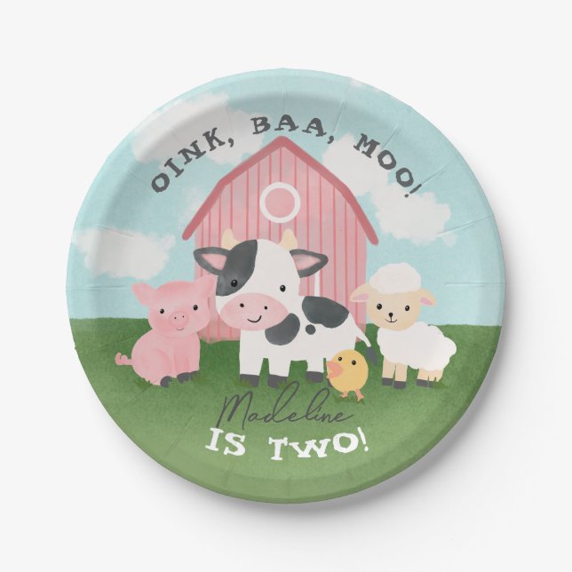Girls Cute Farm Animal Barnyard 2nd Birthday Paper Plate (Front)