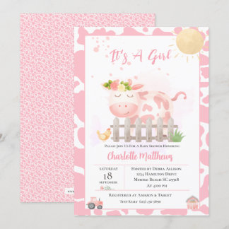 Girls Cute Farm Pink Cow Baby Shower Invitation