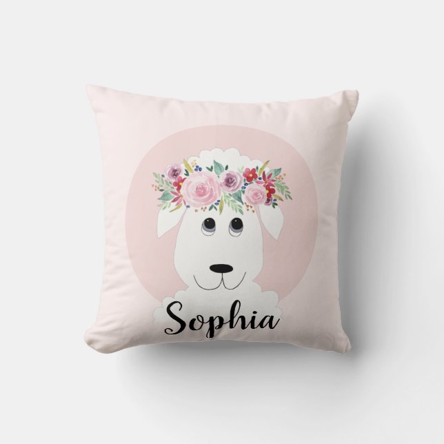 Girls Cute Farm Watercolor Flowers Sheep Kids Cushion (Front)