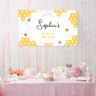 Girls Cute First Bee Day 1st Birthday Welcome Banner