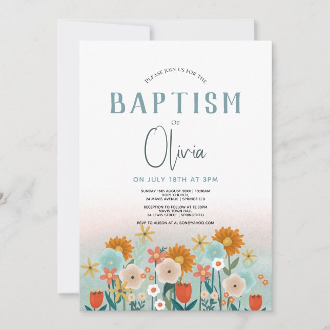 Girls Cute Floral Baby Baptism Christening Invitation (Front)