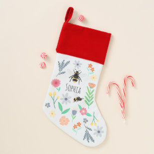 Girls Cute Floral Bee and Woodland Flowers Christmas Stocking