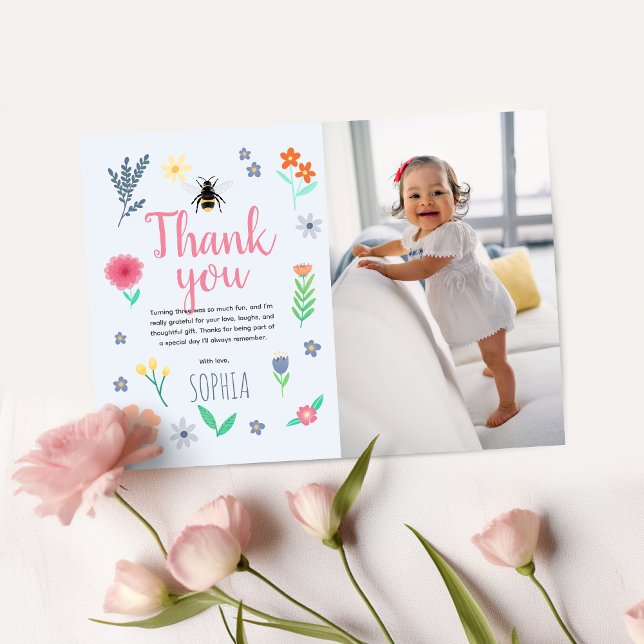 Girls Cute Floral Bee Kids Birthday Photo Thank You Card (Creator Uploaded)