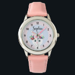 Girls Cute Floral Cat Cartoon and Name Kids Watch<br><div class="desc">This cute and girly kid's watch features a beautiful,  hand painted cat wearing a flower wreath. This floral watercolor design also features a place for you to add your girl's name. Perfect for any kid's first watch!</div>