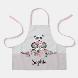 Girls Cute Floral Panda Bear and Flowers Kids Apron