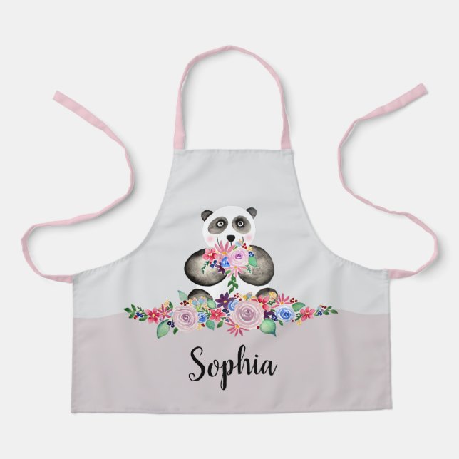 Girls Cute Floral Panda Bear and Flowers Kids Apron (Front)