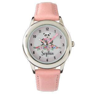 Girls Cute Floral Panda Bear and Name Kids Watch
