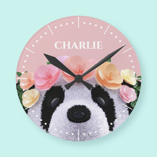 Girls Cute Floral Panda Bear Nursery Clock