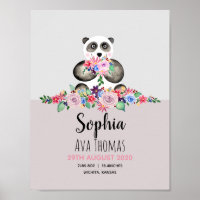 Girls Cute Floral Panda Birth Stats Baby Nursery