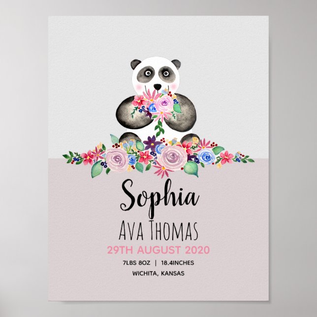 Girls Cute Floral Panda Birth Stats Baby Nursery Poster (Front)