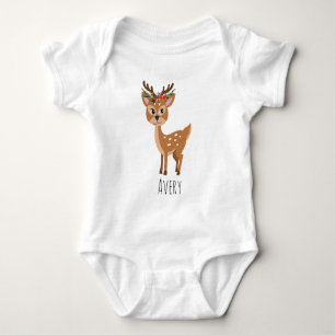 Girls Cute Floral Reindeer Christmas Flowers Name Baby Bodysuit
