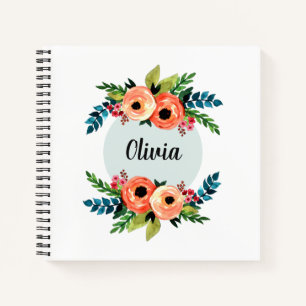 Girls Cute Floral Watercolor Flowers and Name Kids Notebook