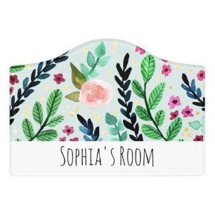 Girls Cute Floral Watercolor Flowers Kids Door Sign