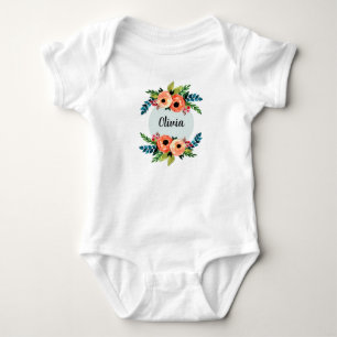 Girls Cute Floral Watercolor Flowers & Name Baby Bodysuit