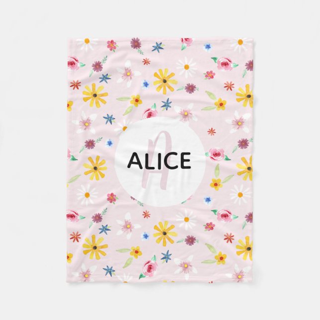 Girls Cute Flower Pattern Monogram and Name Kids Fleece Blanket (Front)