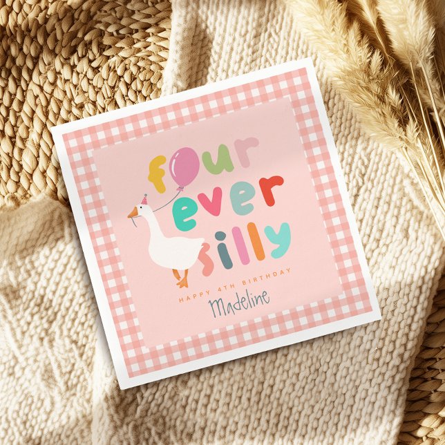Girls Cute Four Ever Silly Farm Goose 4th Birthday Napkin (Creator Uploaded)
