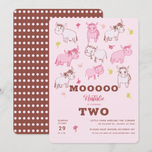 Girls Cute Funny Cows Pink Cartoon Second Birthday Invitation