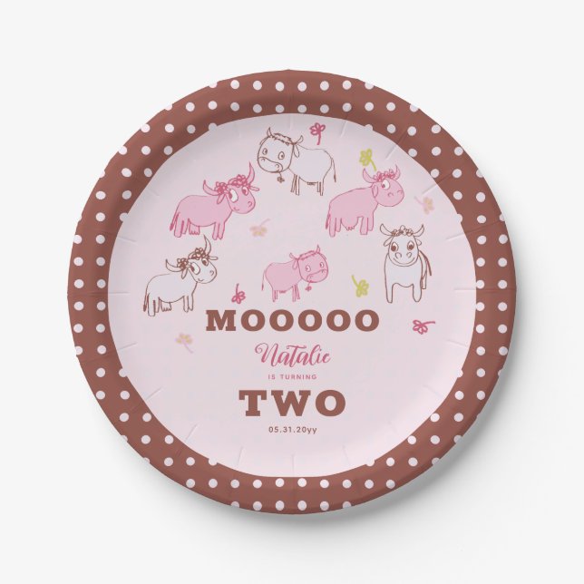 Girls Cute Funny Cows Pink Pattern 2nd Birthday Paper Plate (Front)