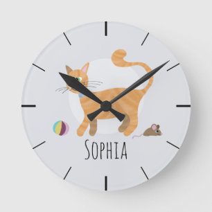Girls Cute Ginger Tabby Cat Cartoon Kids Nursery Round Clock