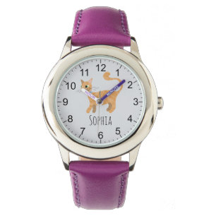 Girls Cute Ginger Tabby Cat Cartoon & Name Kids Watch