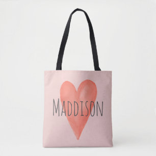 Girls Cute Girly Watercolor Pink Heart Tote Bag