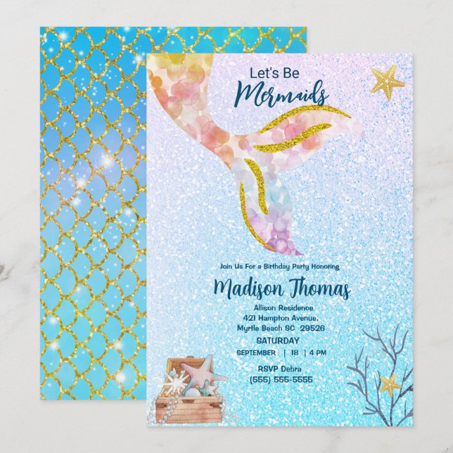 Girls Cute Glitter Mermaid  Sea Birthday Party Invitation (Front/Back)