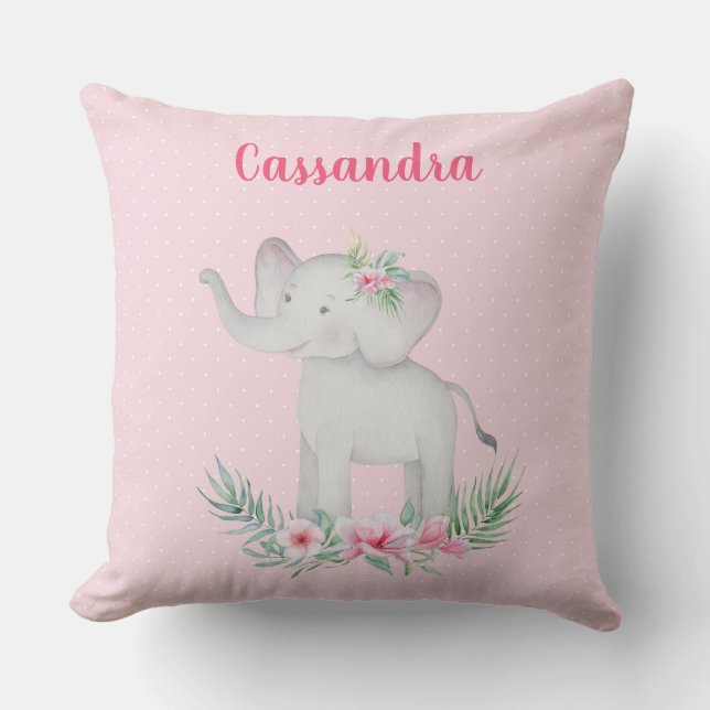 Girls Cute Grey Elephant Pink Flowers Polka Dots   Cushion (Front)