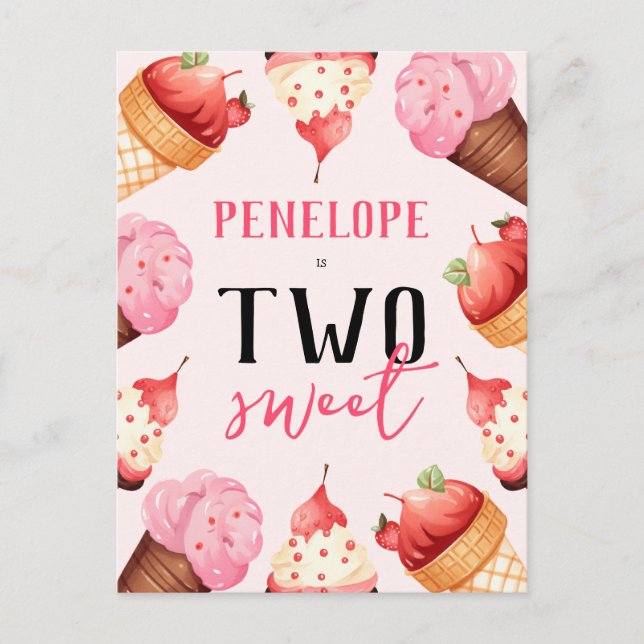 Girls Cute Ice Cream 2nd Birthday Party Invitation Postcard (Front)