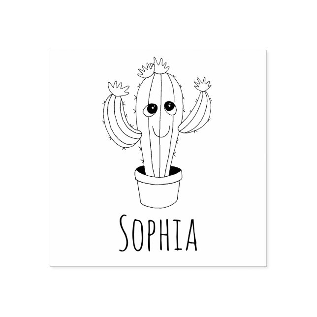 Girls Cute Kawaii Cactus & Name School Bookplate Rubber Stamp (Imprint)