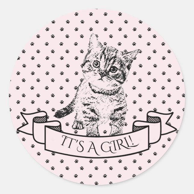 Girls Cute Kitten Cat Baby Shower Classic Round Sticker (Front)
