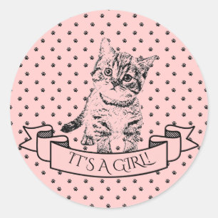 Girls Cute Kitten Cat Pink Baby Shower Classic Round Sticker