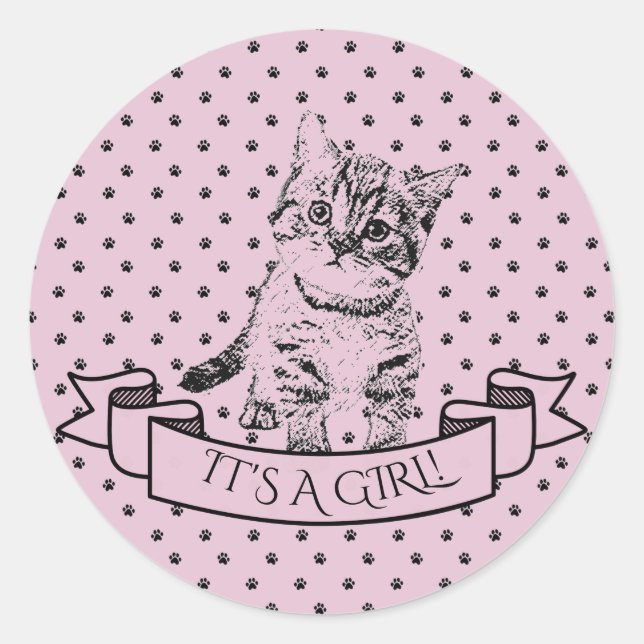 Girls Cute Kitten Cat Purple Baby Shower Classic Round Sticker (Front)
