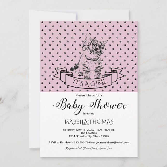 Girls Cute Kitten Purple Baby Shower Invitation (Front)