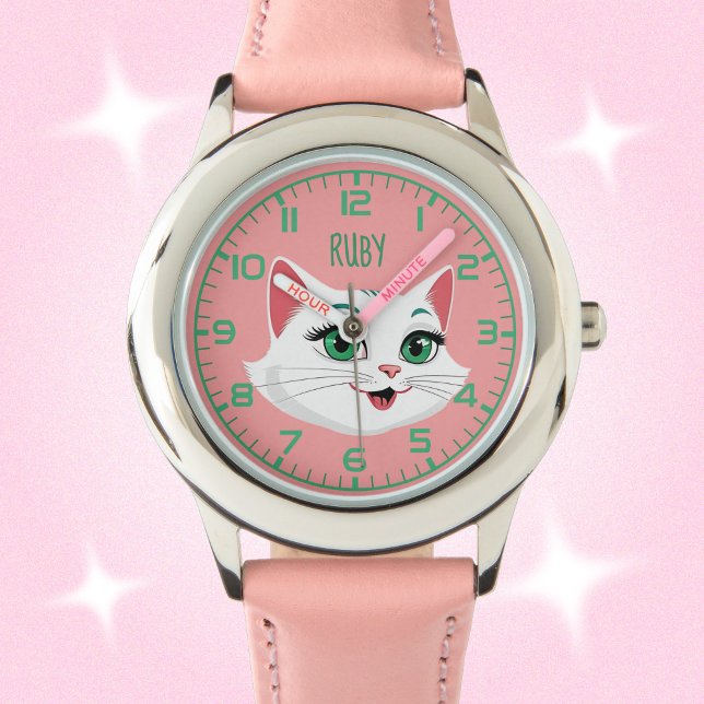 Girls Cute Kitty Cat Name White Pink Mint  Watch (Creator Uploaded)