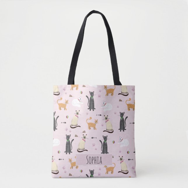 Girls Cute Kitty Cat Pattern and Name Kids Tote Bag (Front)