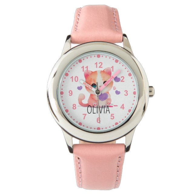Girls Cute Kitty Kitten Cat Pink Custom Name Watch (Front)