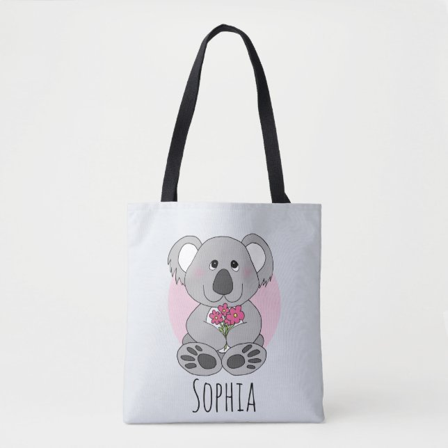 Girls Cute Koala Bear and Flowers and Name Kids Tote Bag (Front)