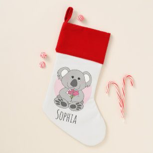 Girls Cute Koala Bear Cartoon Flowers & Name Kids Christmas Stocking