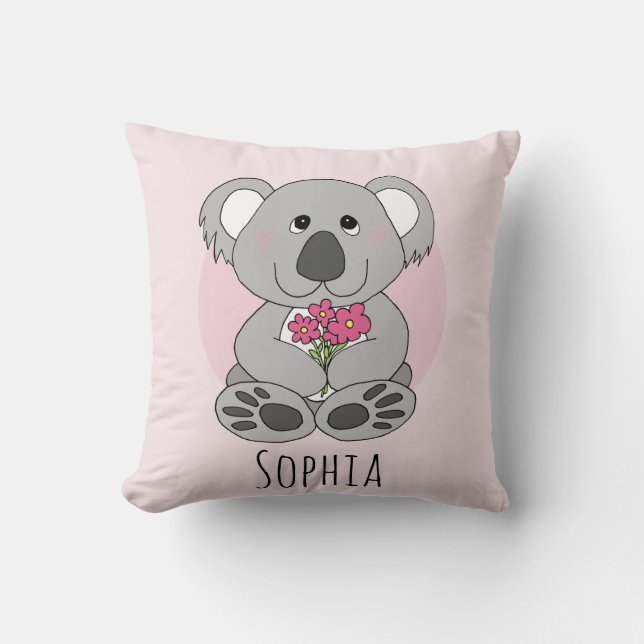 Girls Cute Koala Bear Cartoon & Flowers Name Kids Cushion (Front)